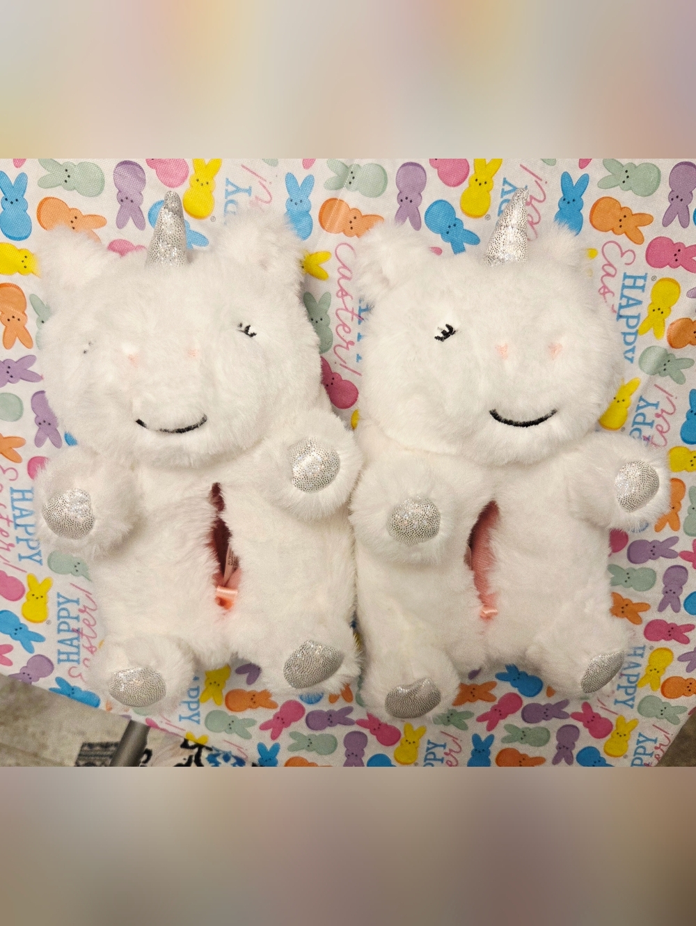 Gymboree White Plush Unicorn Kids Slippers with Silver Accents